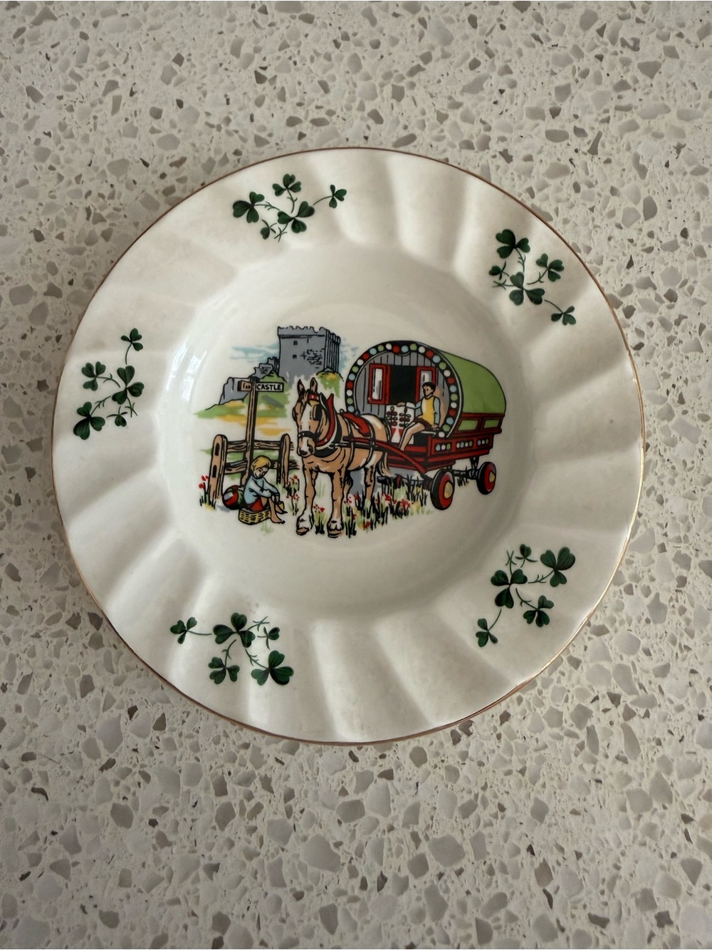 Vintage 1960s Carrigaline Pottery Irish Shamrock Trinket Dish White Green Horses